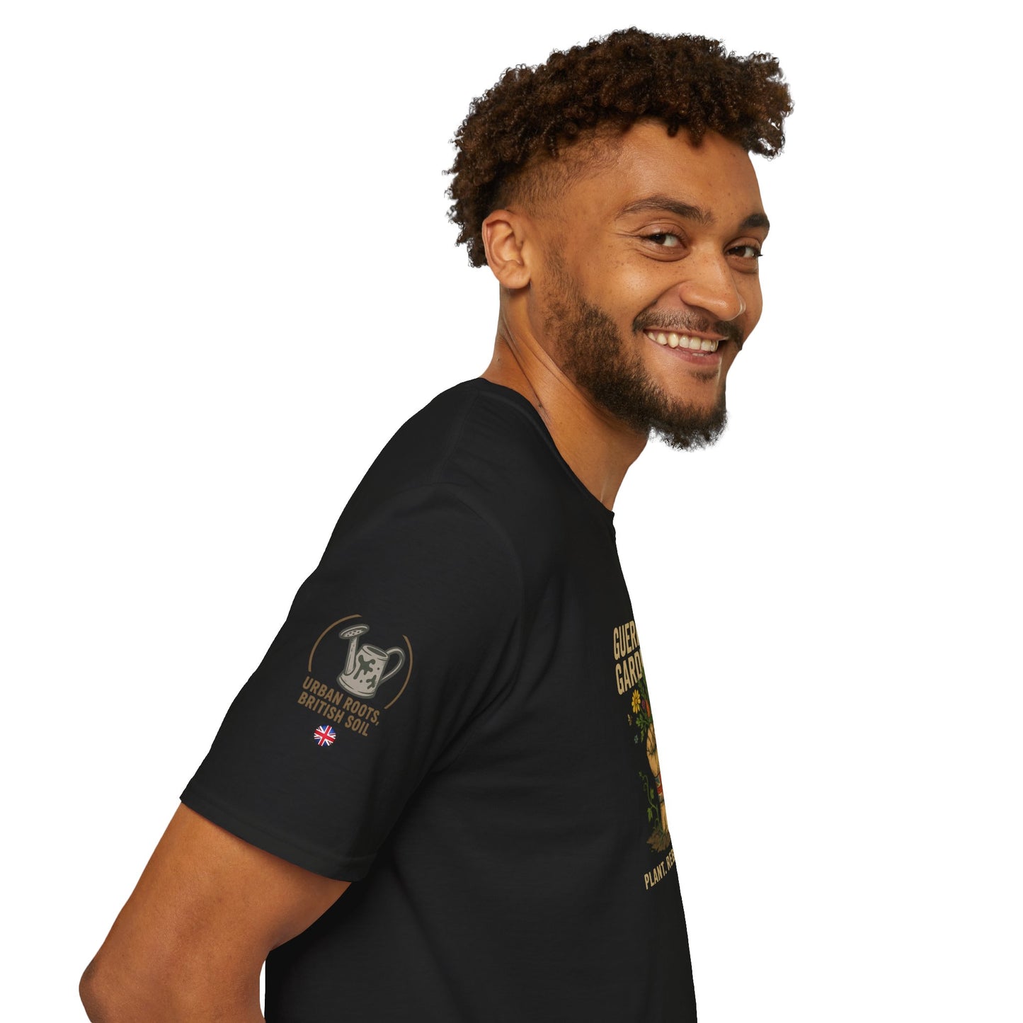 Man wearing a black t-shirt with graphics and text on a BLACK background