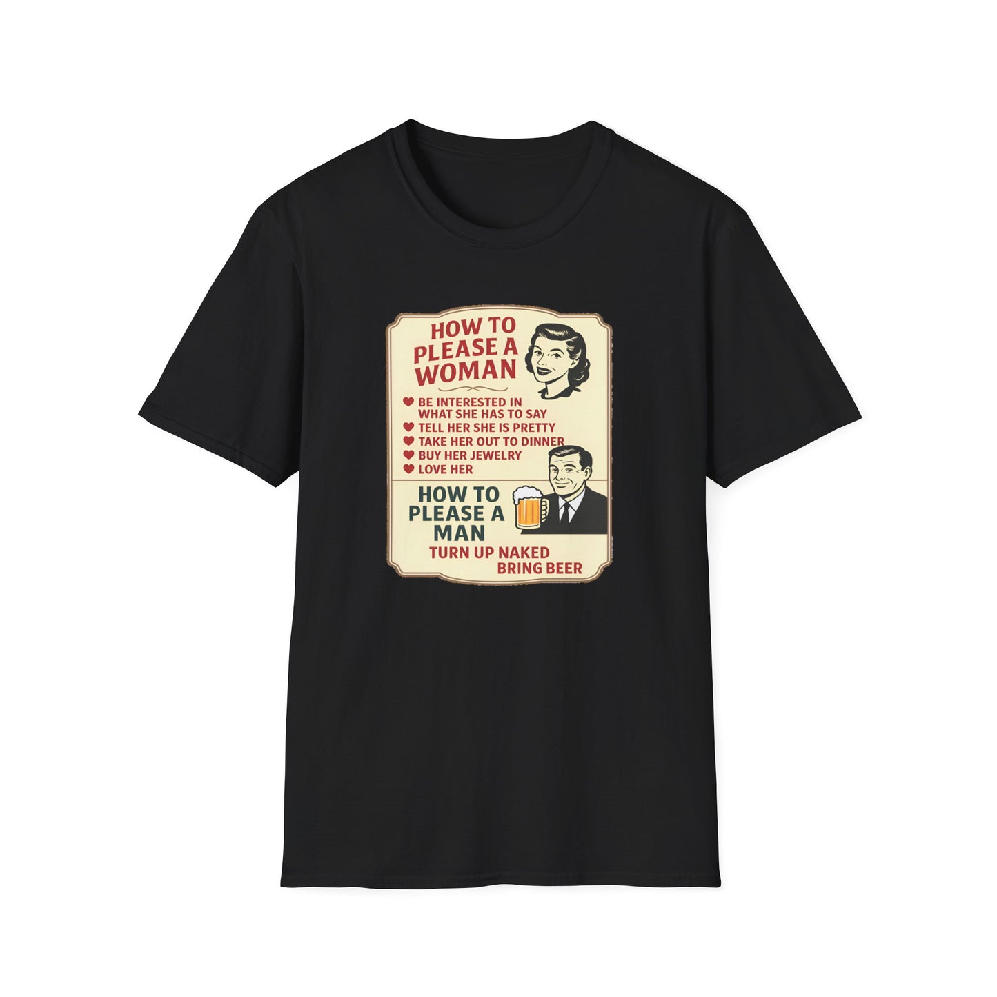 Black t-shirt with vintage-style graphic how to please a woman and text on a white background