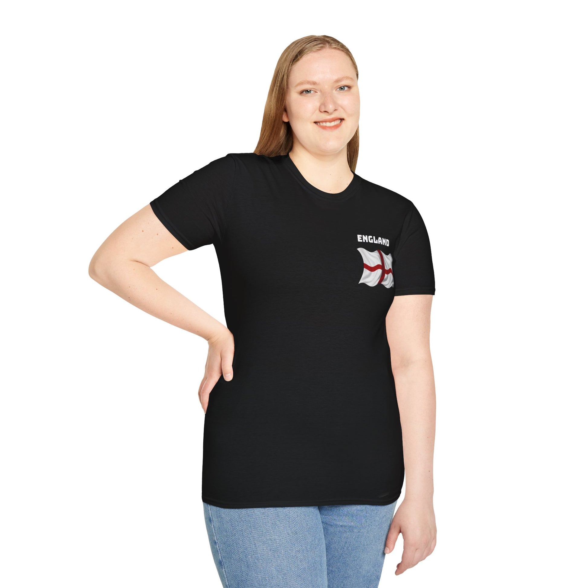 Woman wearing a black t-shirt with a small logo on a white background