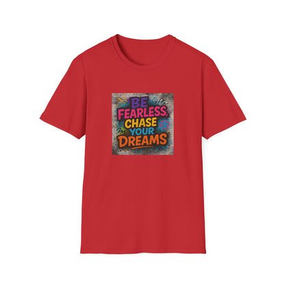 Red t-shirt with motivational quote graphic on a white background