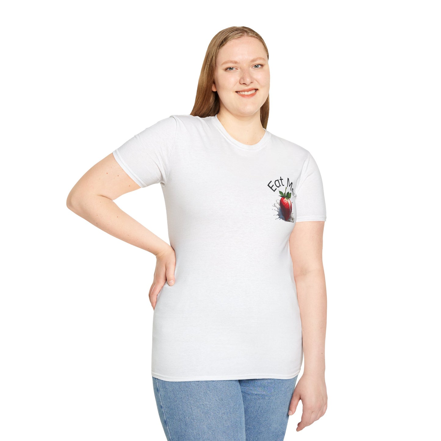 Woman wearing a white t-shirt with a eat me strawberry graphic design on a white background