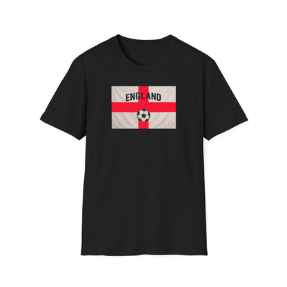 Black t-shirt with England St George flag and soccer ball design on a white background 