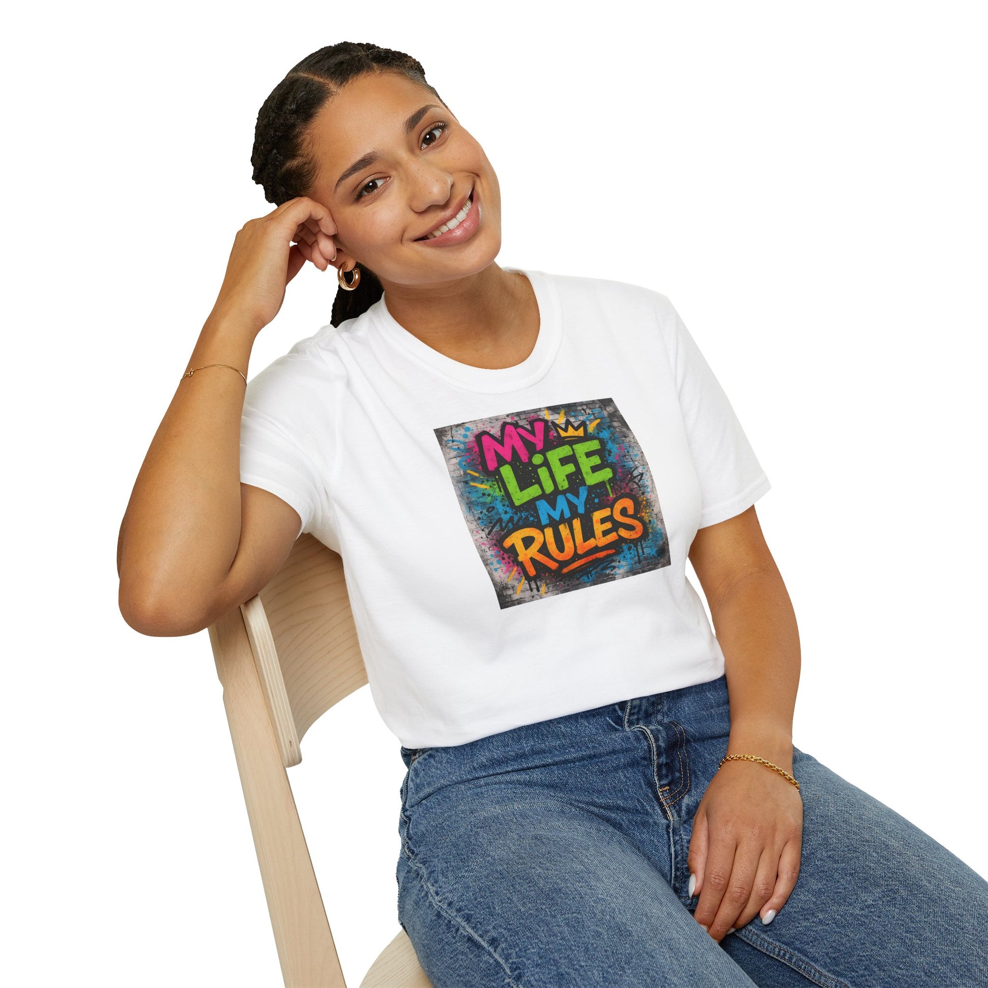 "Graffiti-style MY LIFE MY RULES t-shirt with vivid neon spray paint design on textured background"