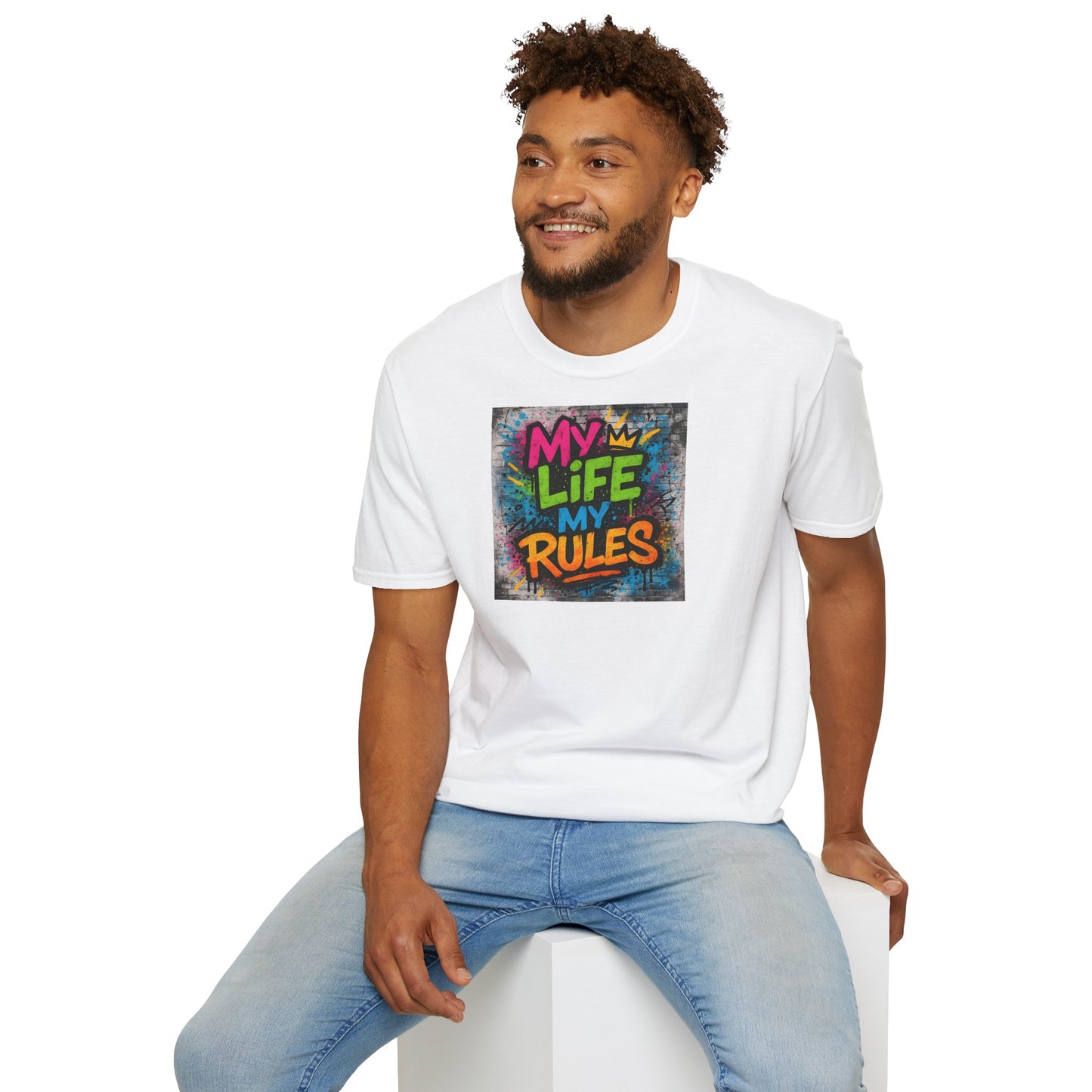 "Graffiti-style MY LIFE MY RULES t-shirt with vivid neon spray paint design on textured background"