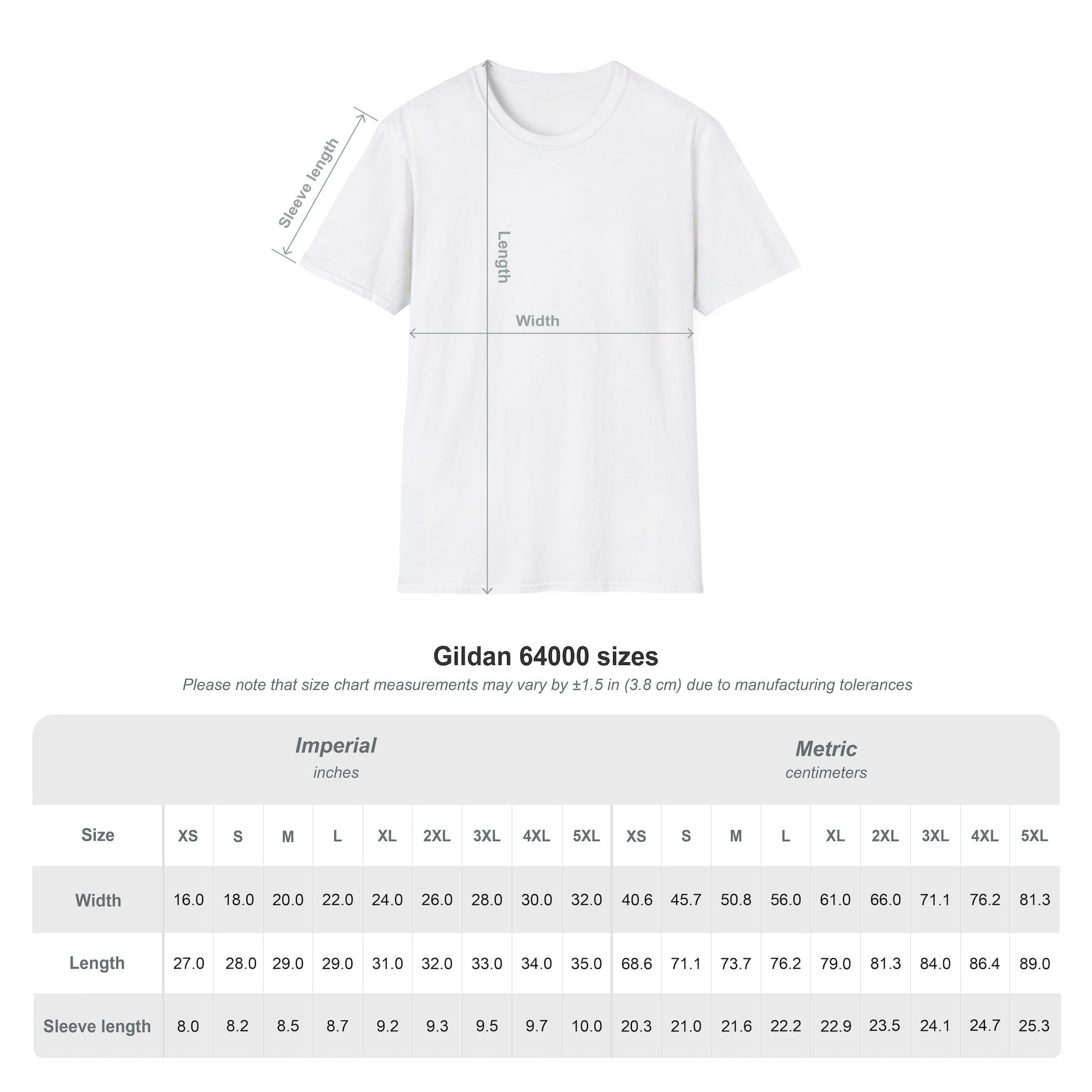  t-shirt with size chart measurements on a white background