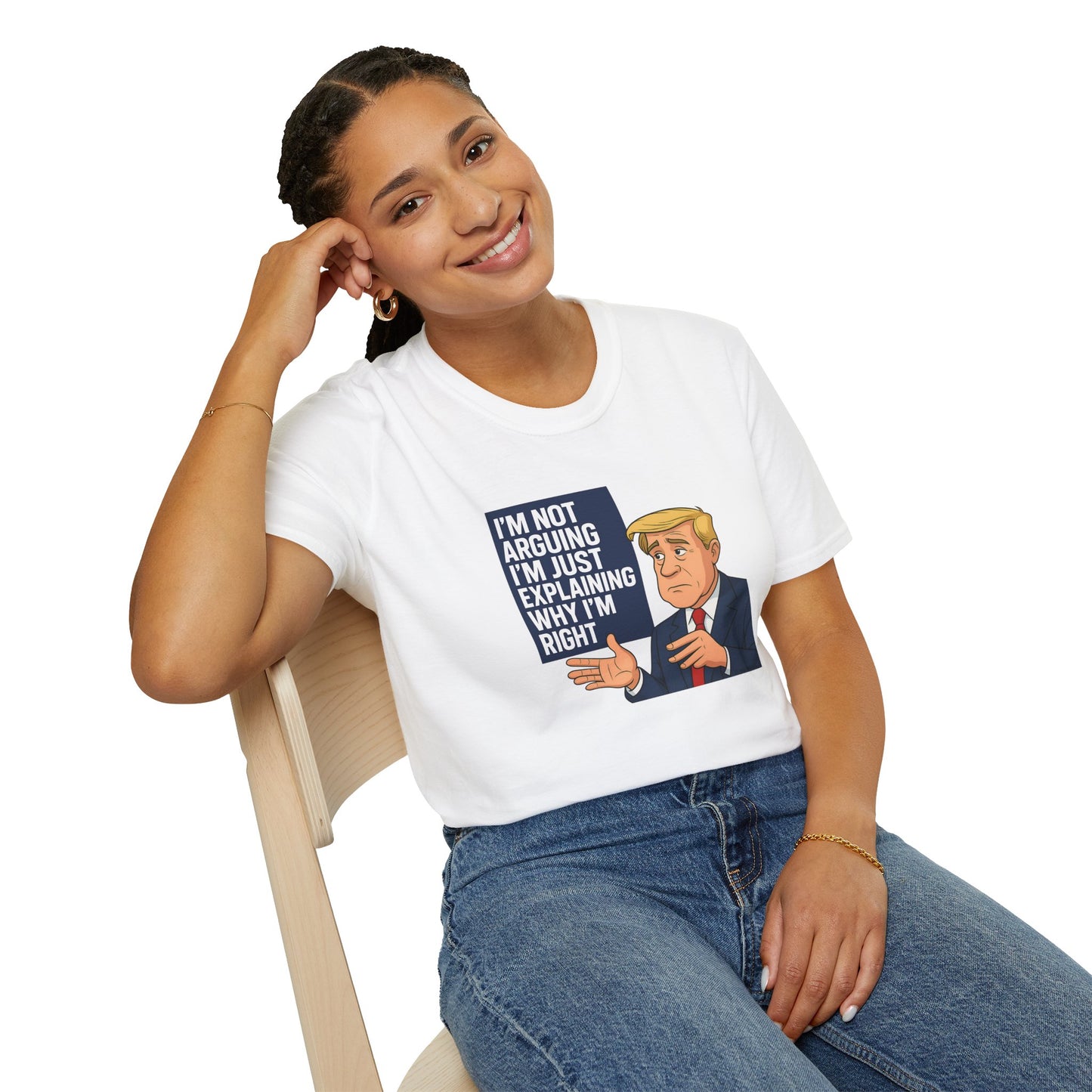 Person wearing a white t-shirt with a graphic and text, sitting on a chair against a white background