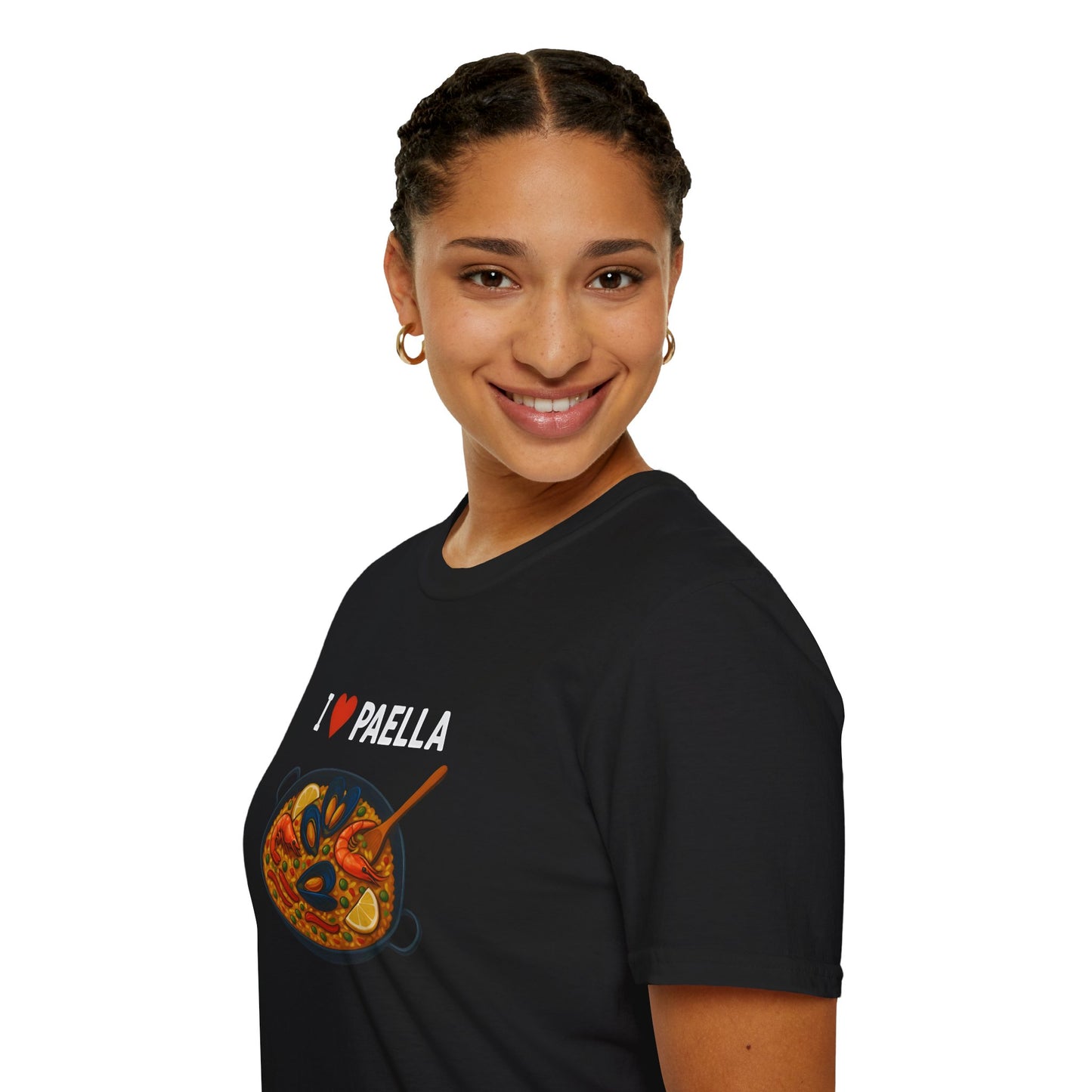 Person wearing a black t-shirt with 'I ❤️ Paella' design on a white background
