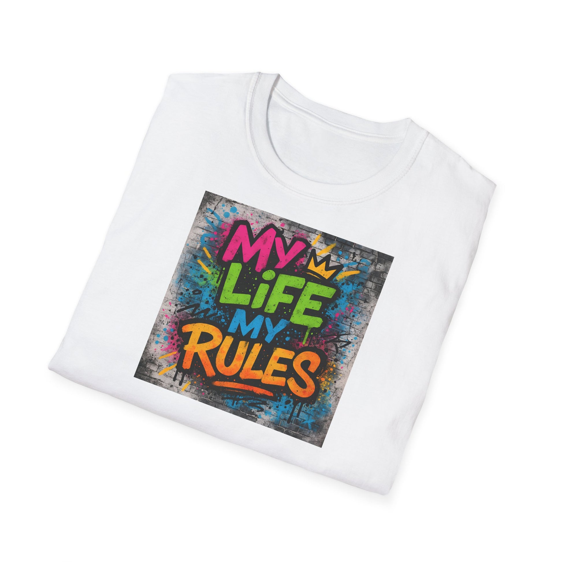 "Graffiti-style MY LIFE MY RULES t-shirt with vivid neon spray paint design on textured background"
