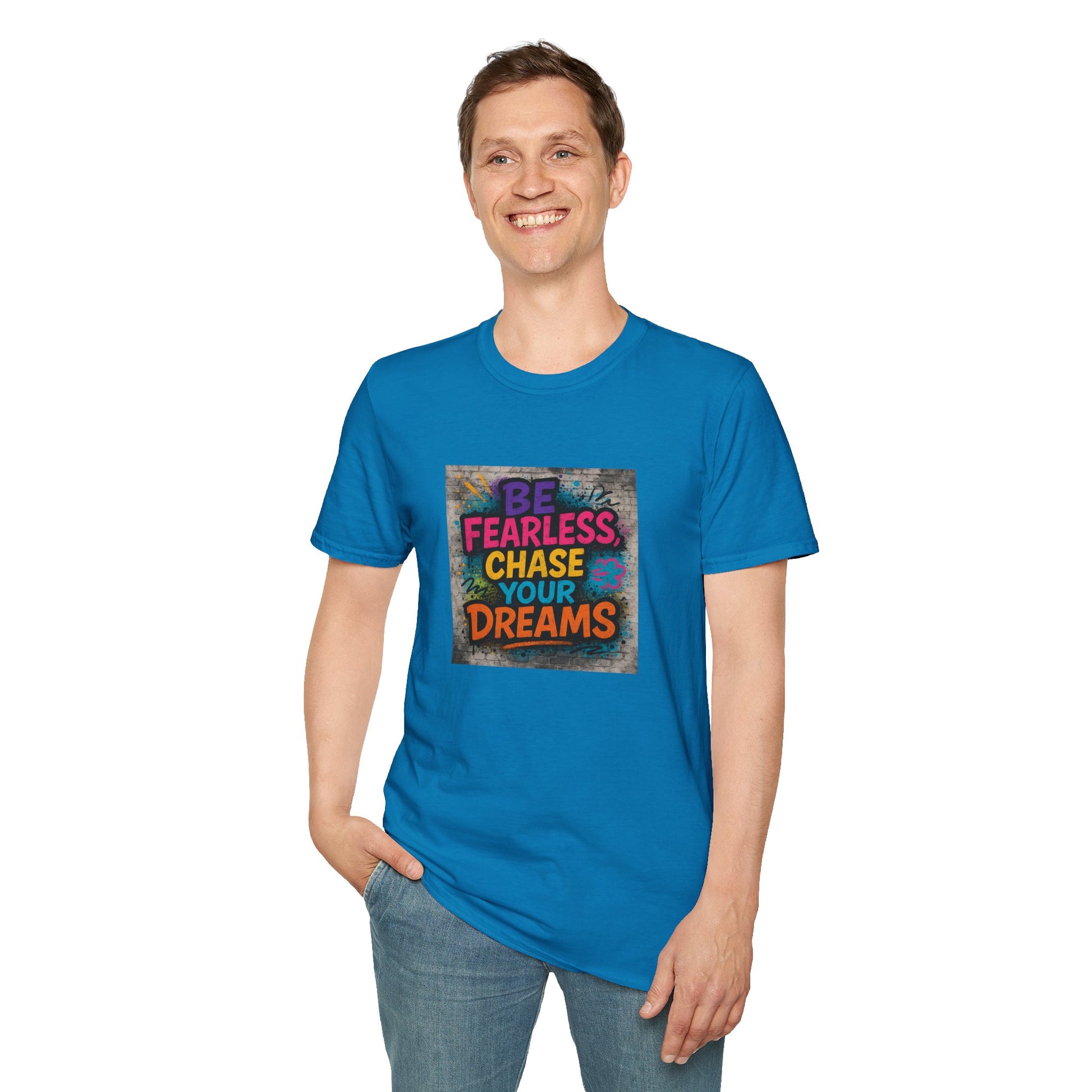 Person wearing a blue t-shirt with motivational quote on a white background