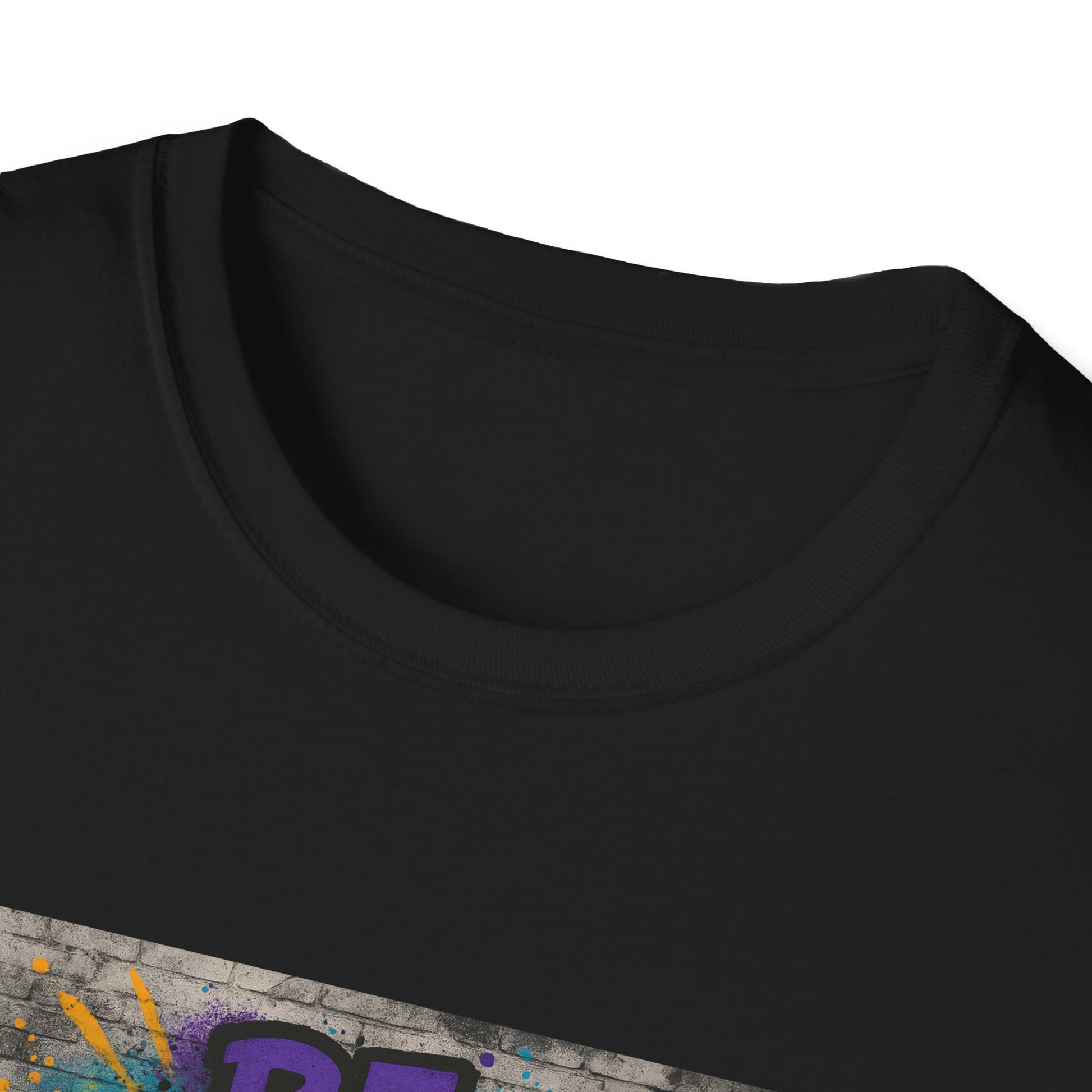 Black t-shirt with colorful design on a white background