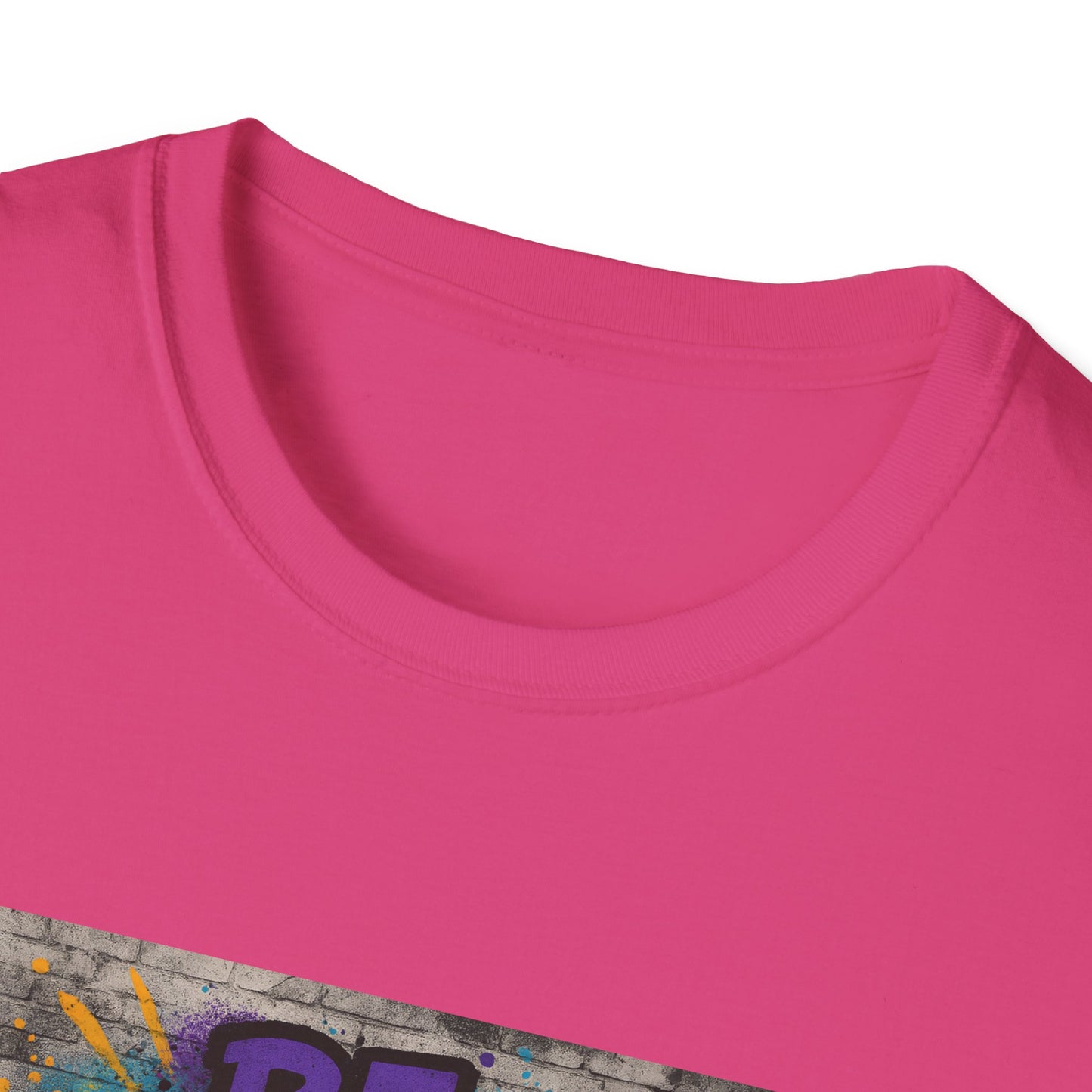 Close-up of a pink t-shirt with a colorful graphic design on a white background