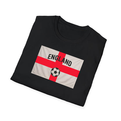 Black t-shirt with England flag and soccer ball design on a white background