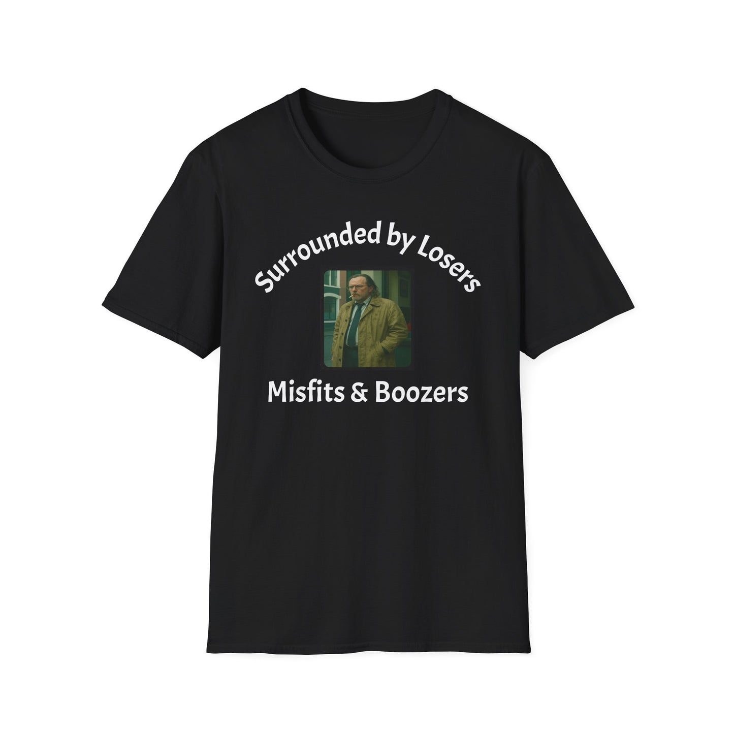 Jackson Lamb Slow Horses Black t-shirt with a graphic and text Surrounded by losers misfits and boozers on a white background
