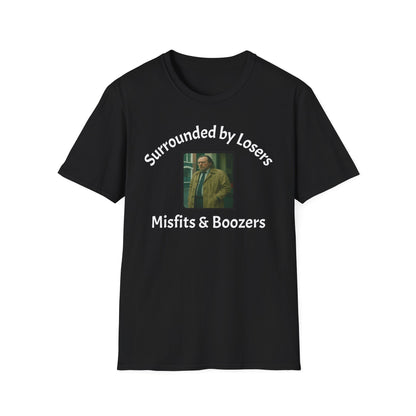 Jackson Lamb Slow Horses Black t-shirt with a graphic and text Surrounded by losers misfits and boozers on a white background
