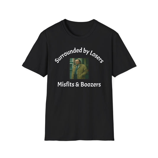 Jackson Lamb Slow Horses Black t-shirt with a graphic and text Surrounded by losers misfits and boozers on a white background