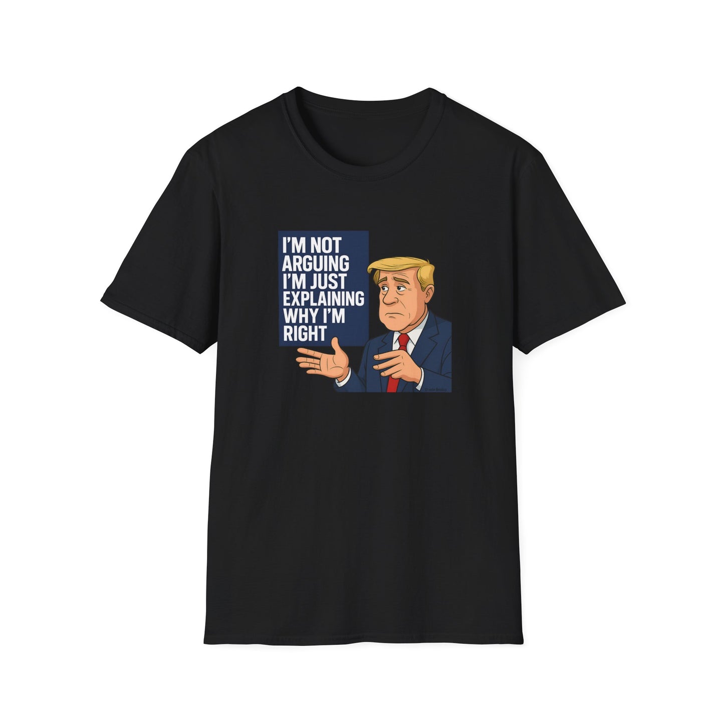 Black t-shirt with graphic of a person in a suit and text on a white background