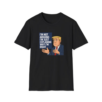 Black t-shirt with graphic of a person in a suit and text on a white background