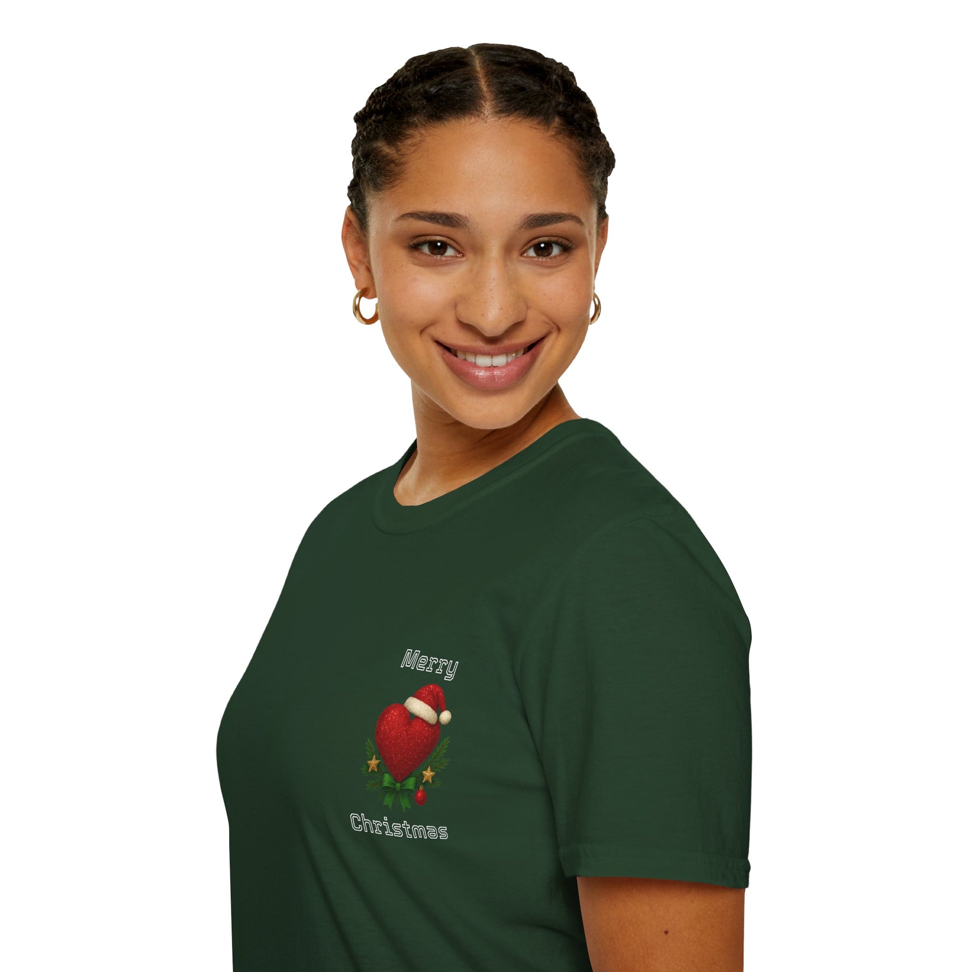 Person wearing a green t-shirt with a Christmas red heart design on a white background