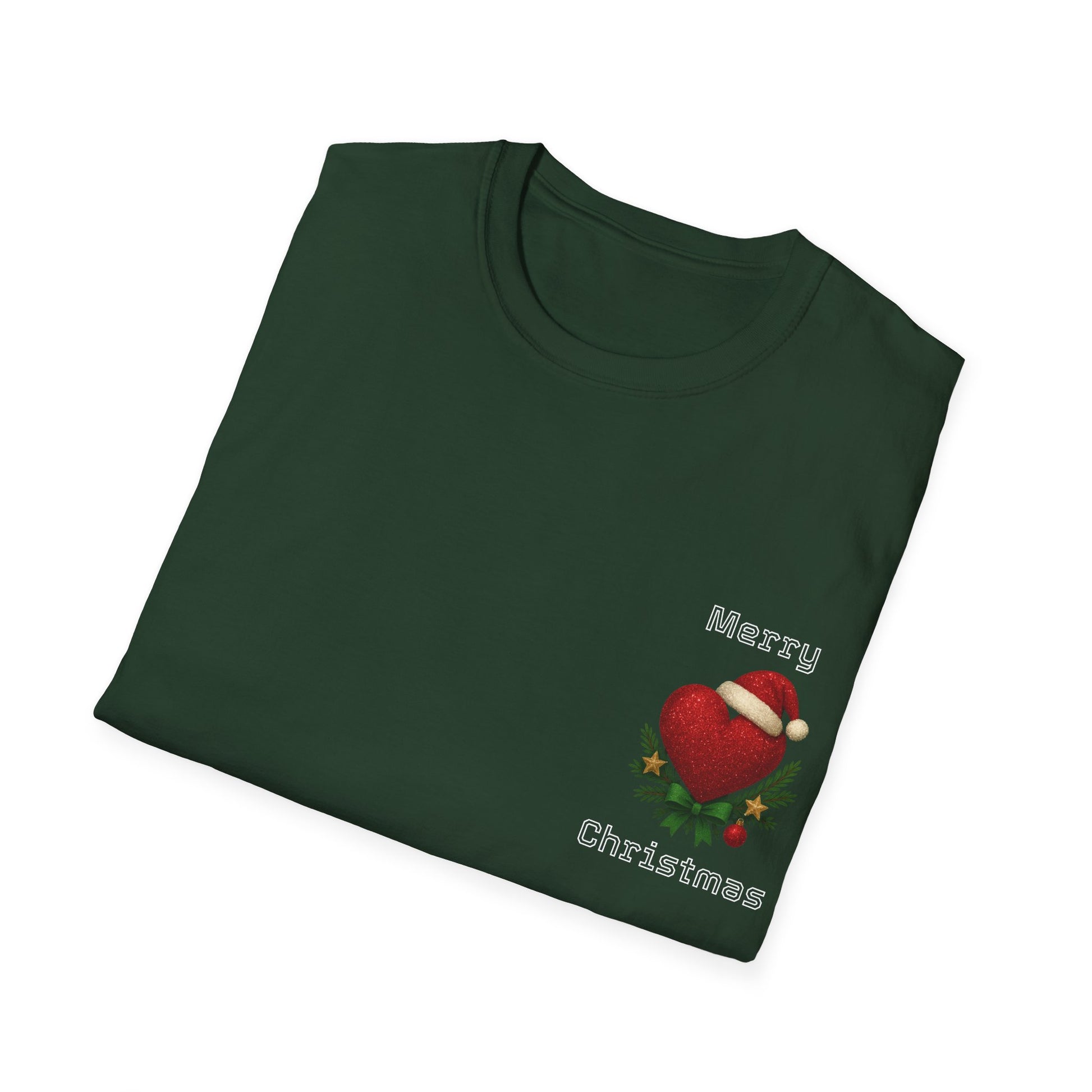 Folded green Christmas-themed t-shirt with red heart and Santa hat design on a white background
