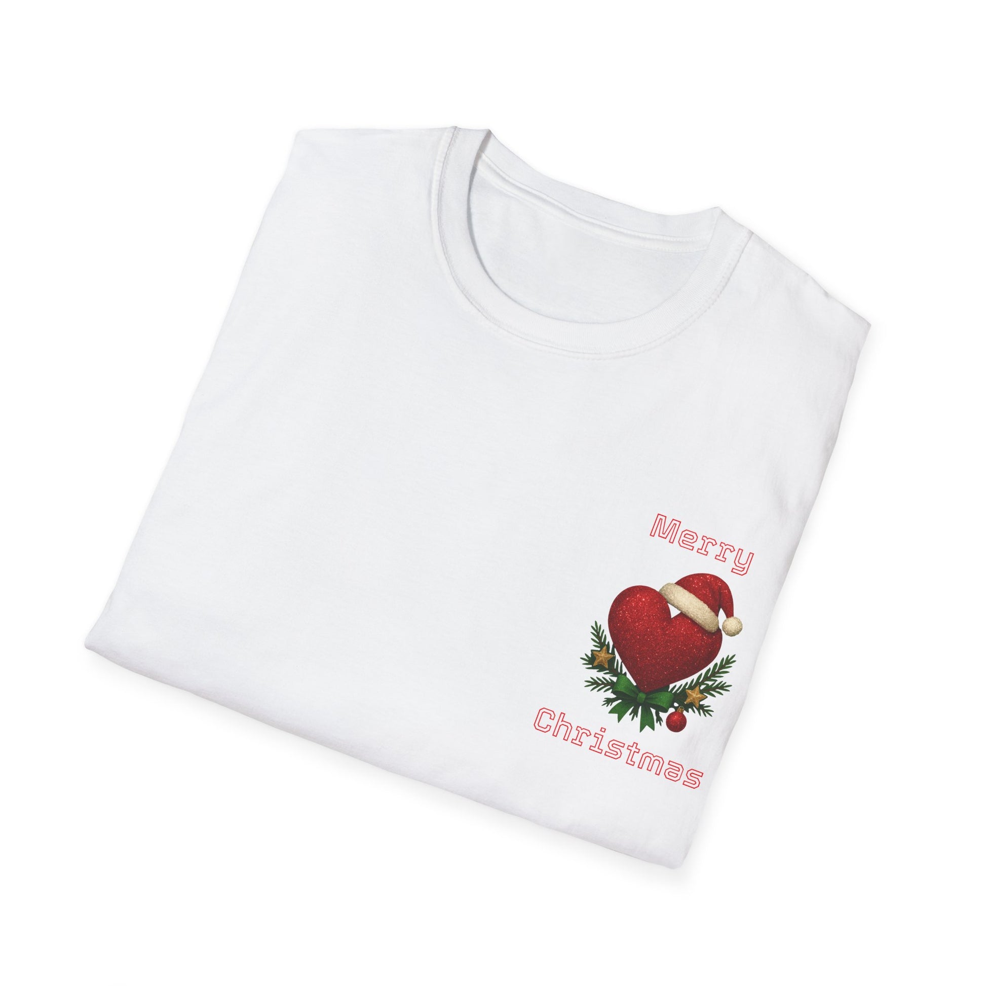White t-shirt with a Christmas design featuring a heart, Santa hat, and 'Merry Christmas' text on a white background.