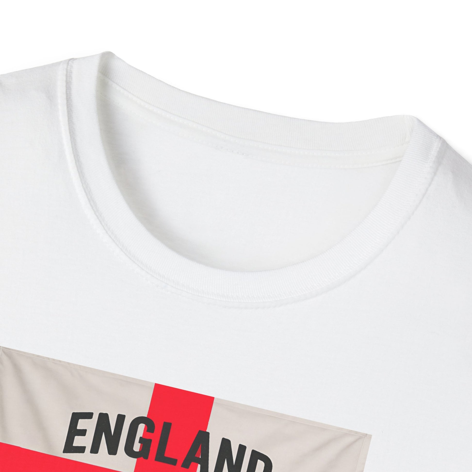 White t-shirt with 'ENGLAND' printed on a red and beige background