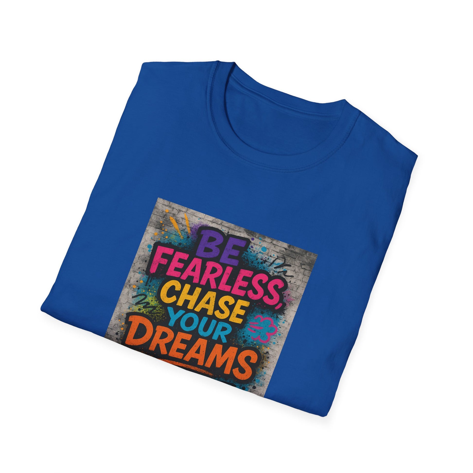 Folded blue t-shirt with colorful text design on a white background