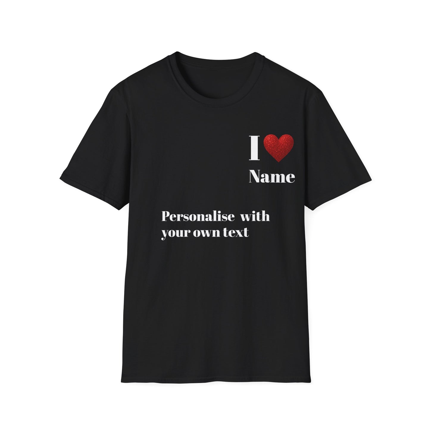 Personalised RED GLITTER Heart Design Unisex T-Shirt, Custom Name Tee,