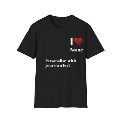 Personalised RED GLITTER Heart Design Unisex T-Shirt, Custom Name Tee,