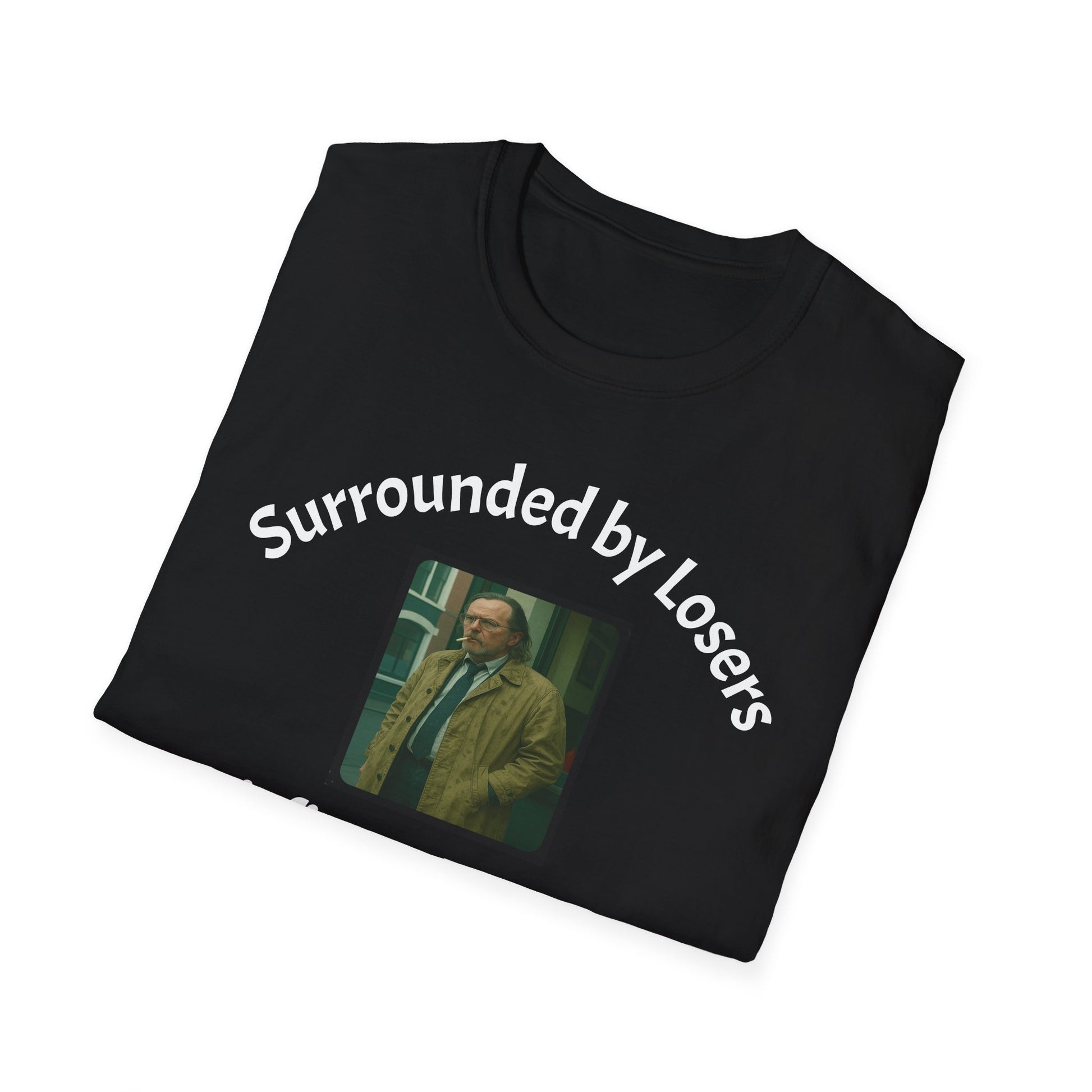 Jackson Lamb Black t-shirt with 'Surrounded by Losers' text and a graphic of a man in a suit on a white background