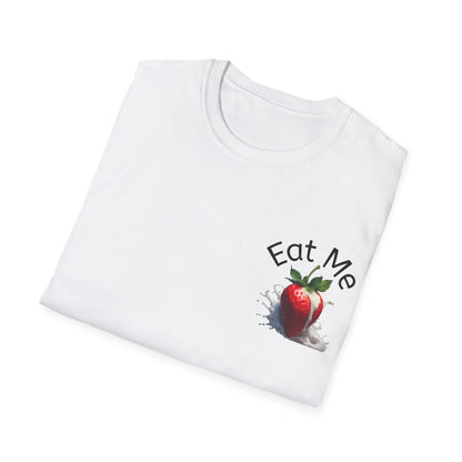 White t-shirt with a strawberry graphic and 'Eat Me' text on a white background