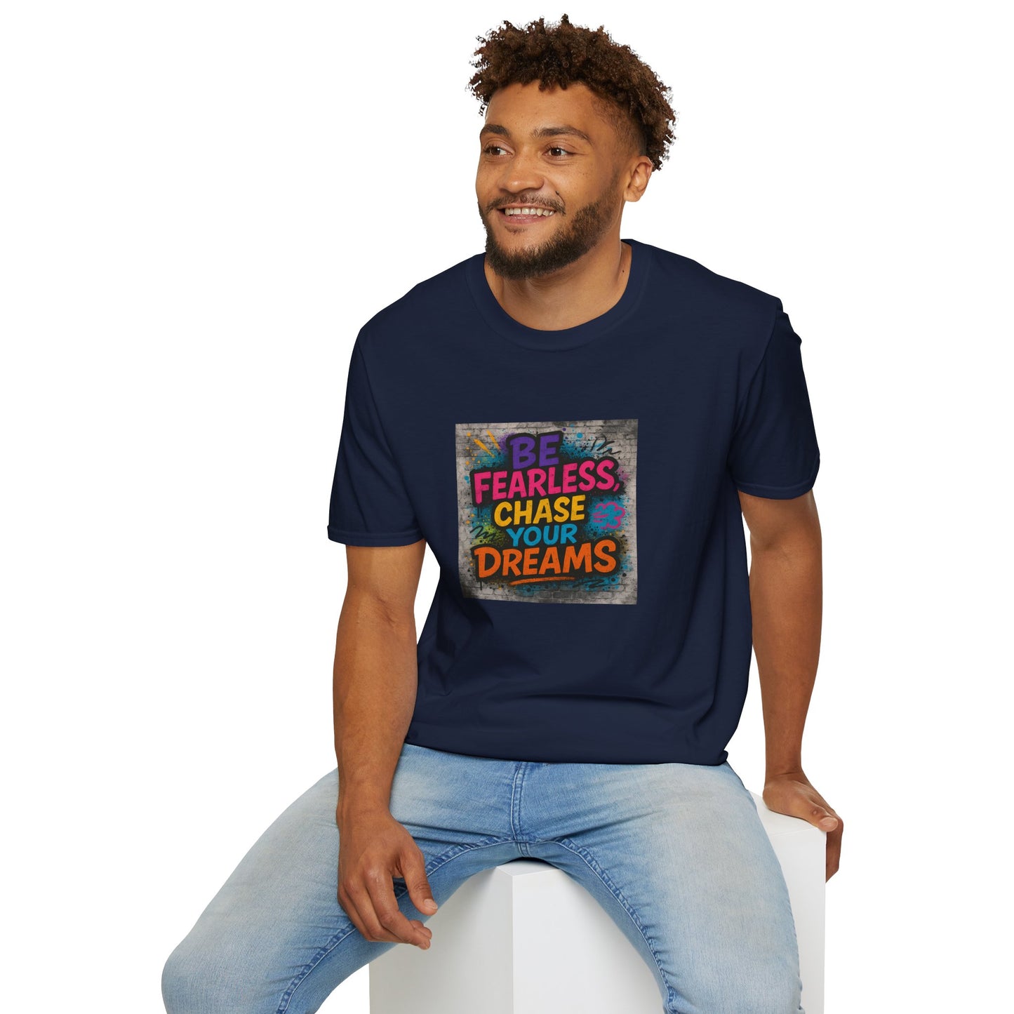 Man wearing a navy blue t-shirt with motivational quote on a white background