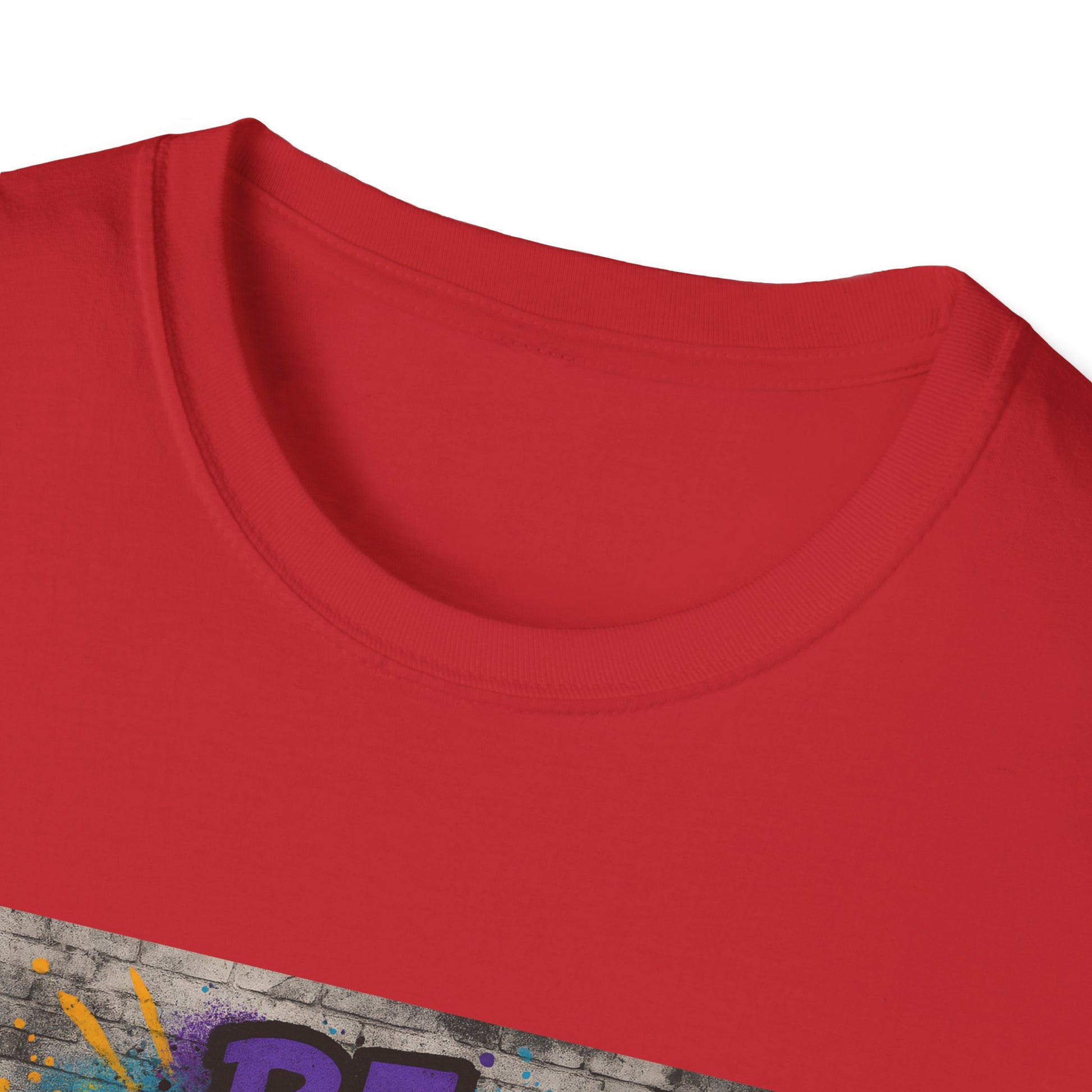 Close-up of a red t-shirt with a colorful graphic design on a white background