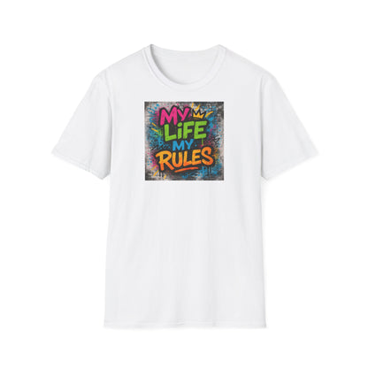 "Graffiti-style MY LIFE MY RULES t-shirt with vivid neon spray paint design on textured background"