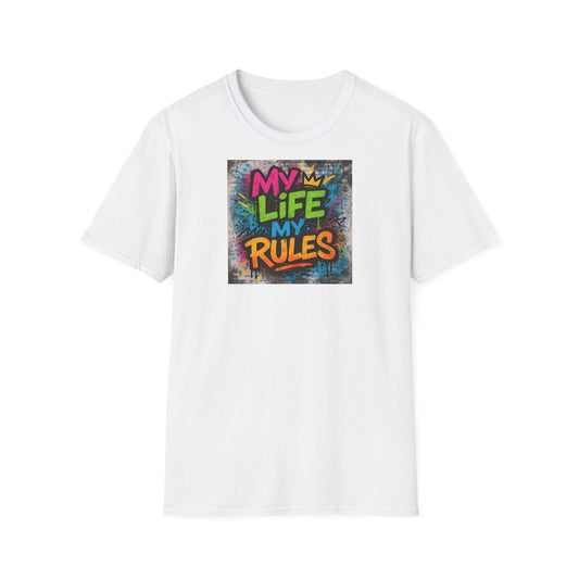 "Graffiti-style MY LIFE MY RULES t-shirt with vivid neon spray paint design on textured background"