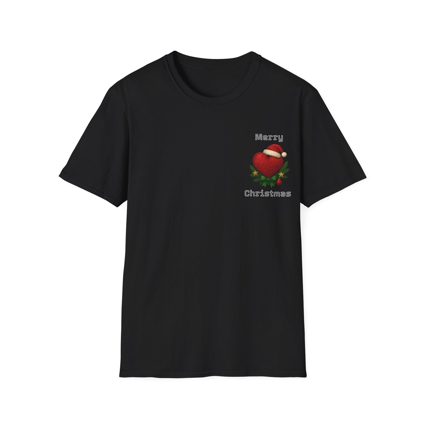 Black t-shirt with a Christmas heart design on a white background