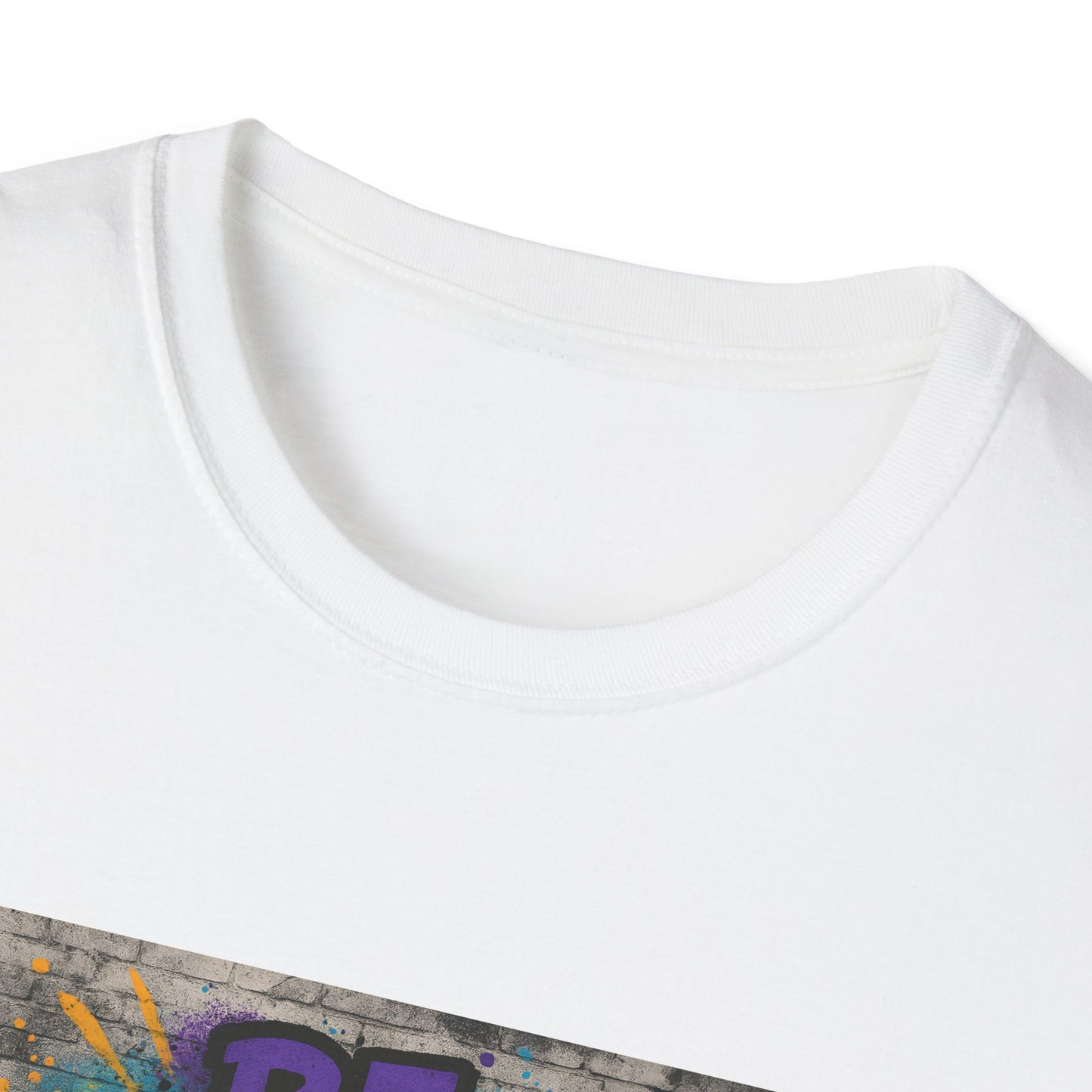Close-up of a white t-shirt with colorful design on a white background