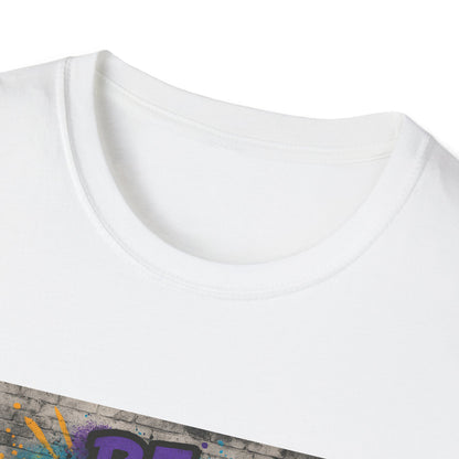 Close-up of a white t-shirt with colorful design on a white background