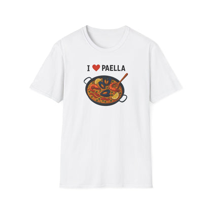 White t-shirt with 'I ❤️ Paella' design on a white background