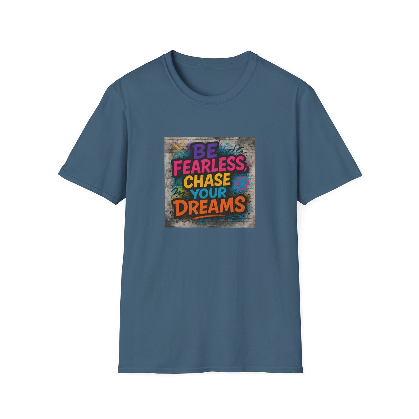 Blue t-shirt with motivational quote on a white background