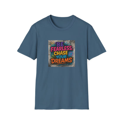 Blue t-shirt with motivational quote on a white background