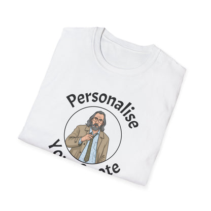 Close up view Personalised Jackson Lamb caricature white T-shirt with custom quote"