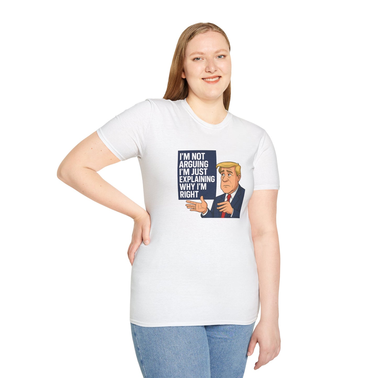 Person wearing a white t-shirt with a graphic and text, standing against a white background