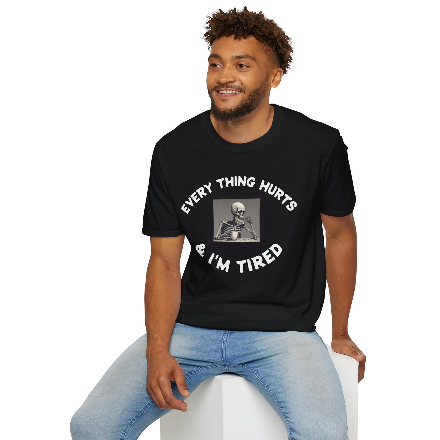 Man wearing a black t-shirt with text and a skeleton graphic on a white background