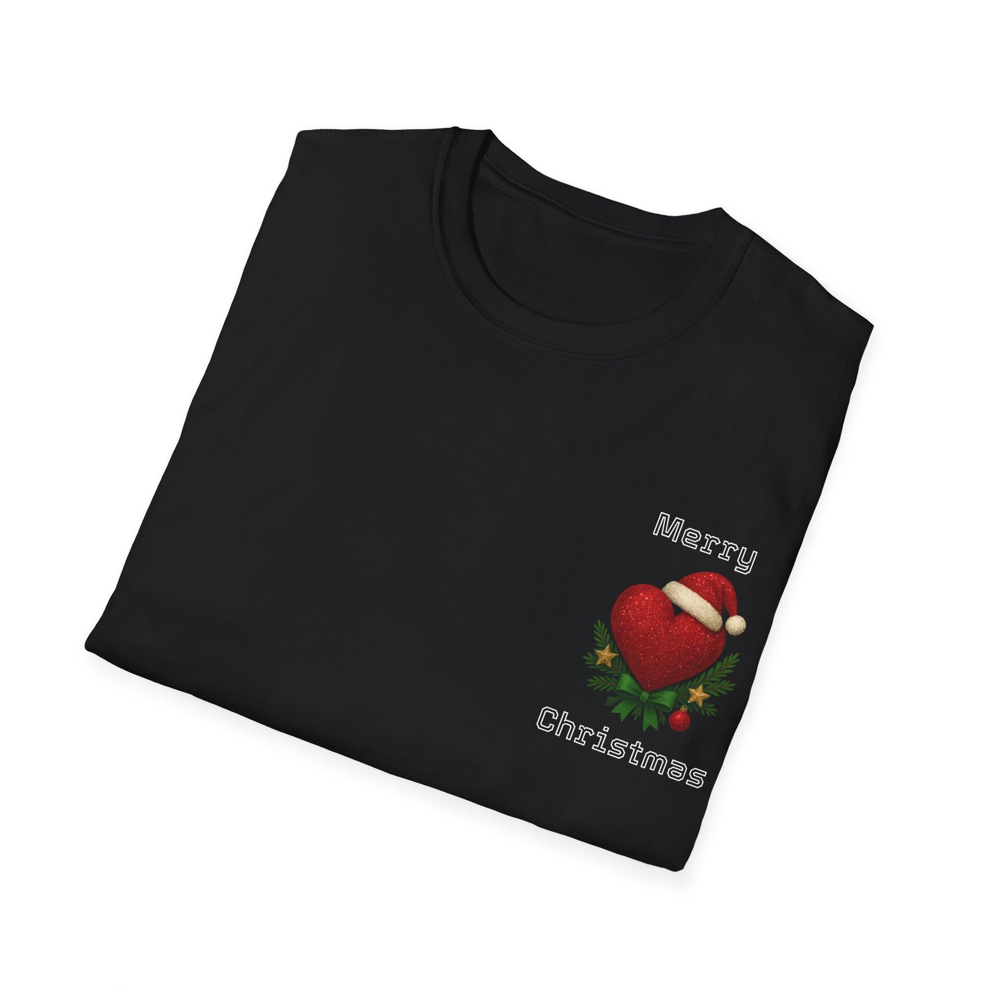 Folded black t-shirt with Christmas design on a white background