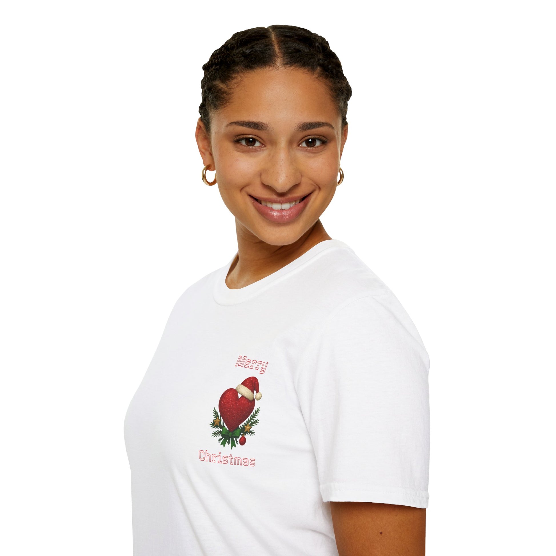 Person wearing a white t-shirt with a Christmas design on a white background