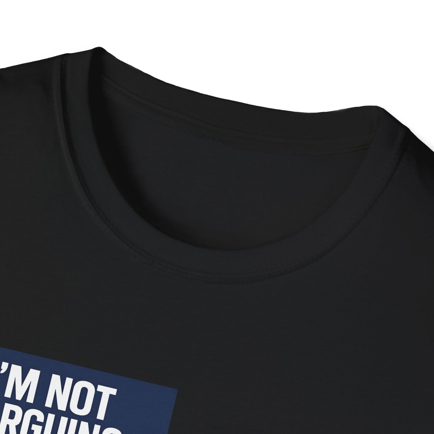 Black t-shirt  showing collar with text on a white background 