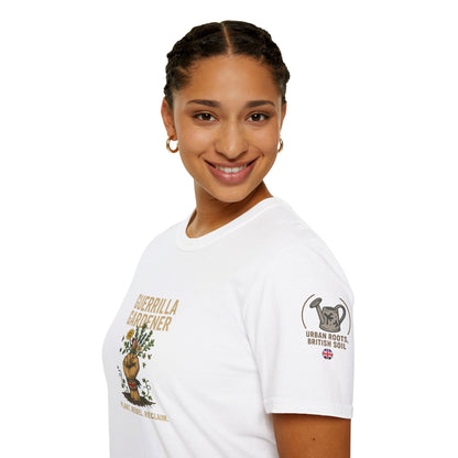 Person wearing a white t-shirt with graphics GURRILLA GARDENING and text on a white background