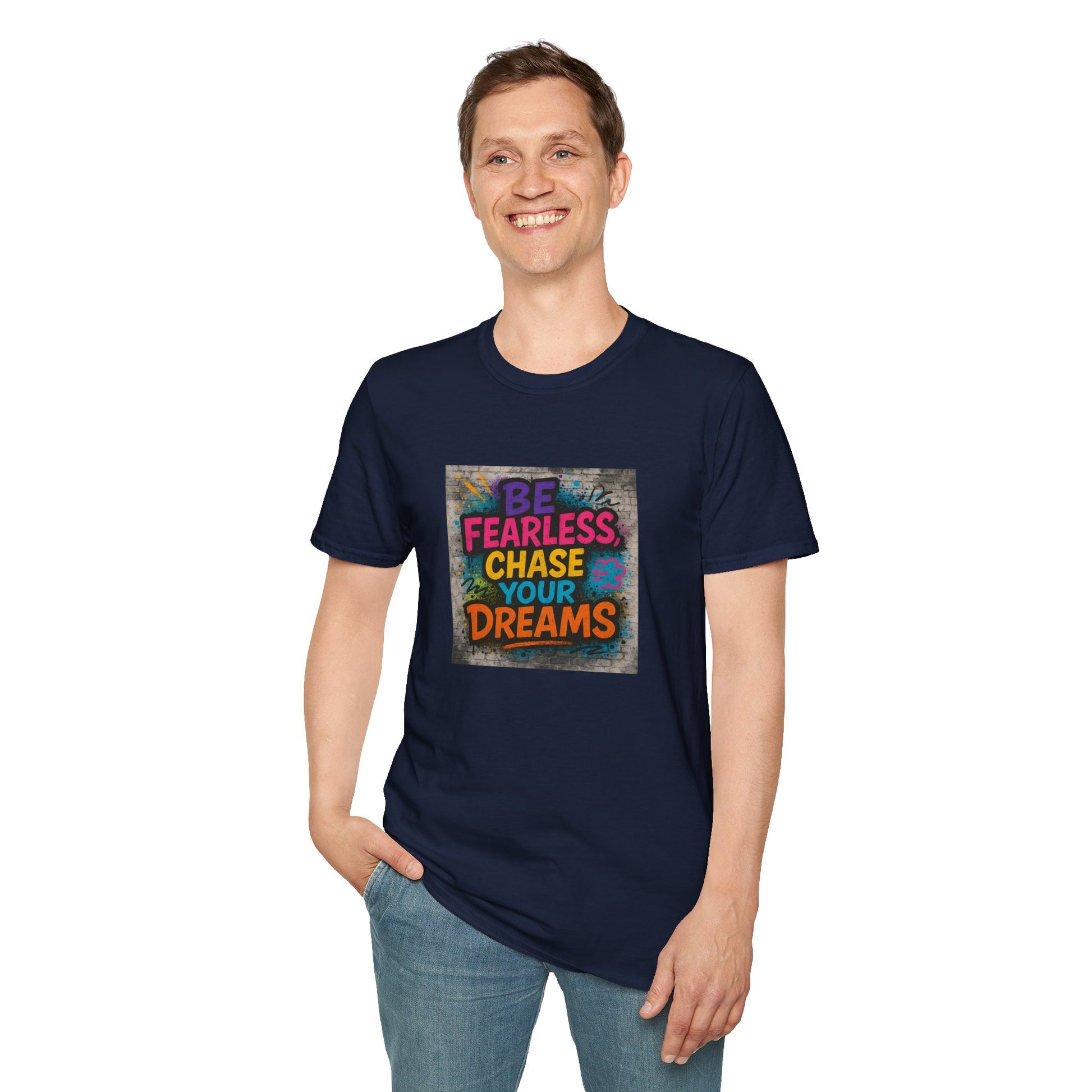 Person wearing a navy blue t-shirt with colorful text design on a white background