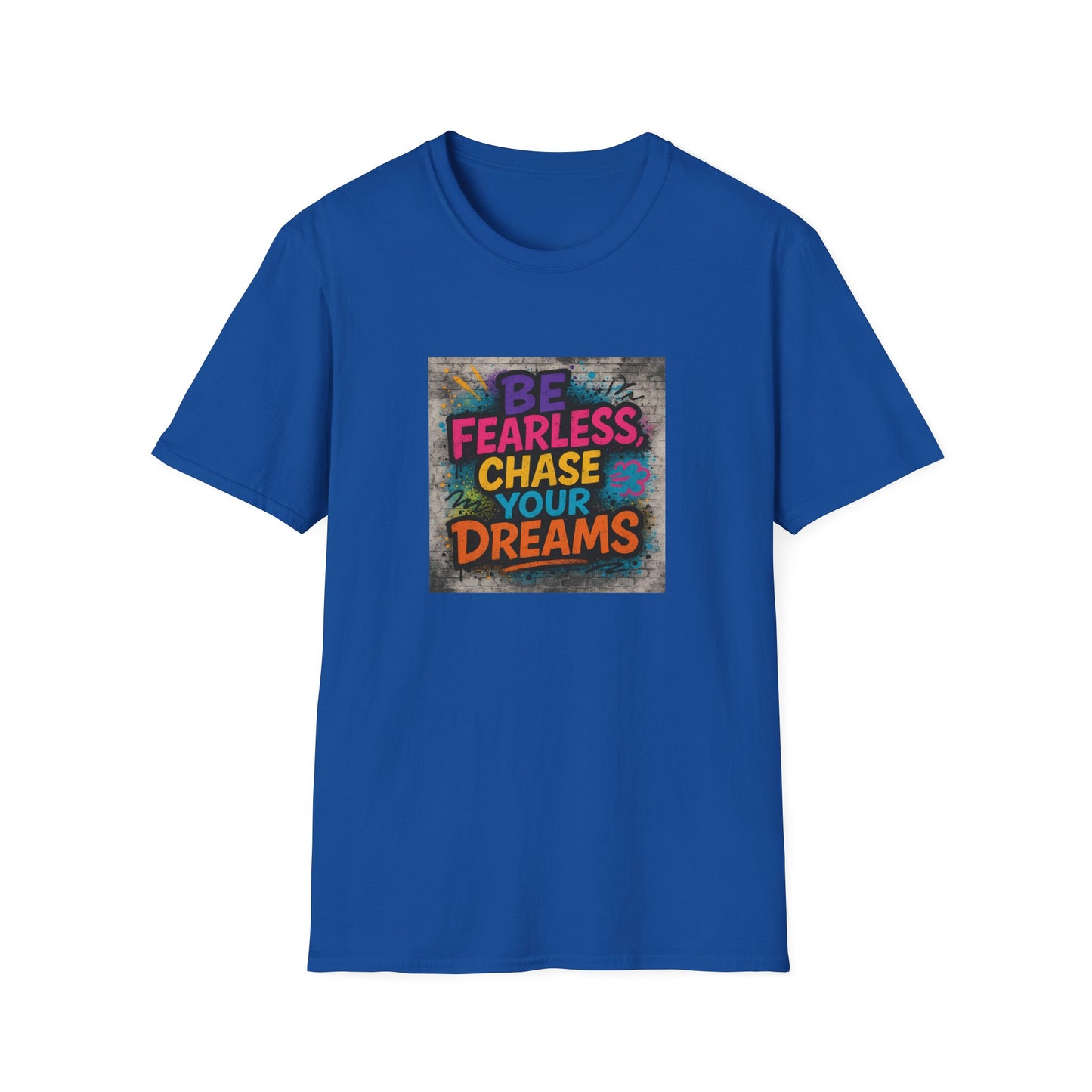 Blue t-shirt with motivational quote on a white background