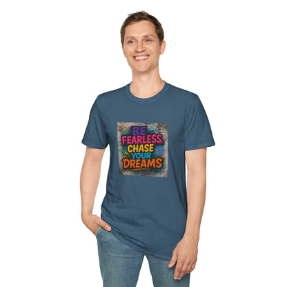 Person wearing a blue t-shirt with motivational quote on a white background